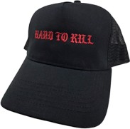 Black trucker cap with 'Hard to Kill' embroidered in red gothic lettering